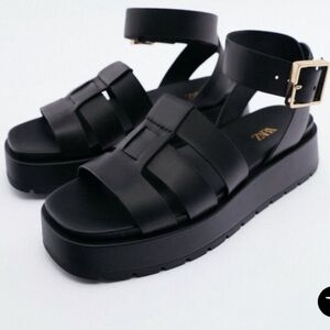 Zara Black Platform Chunky Fisherman Sandals, Size  US 6 1/2 EU 37